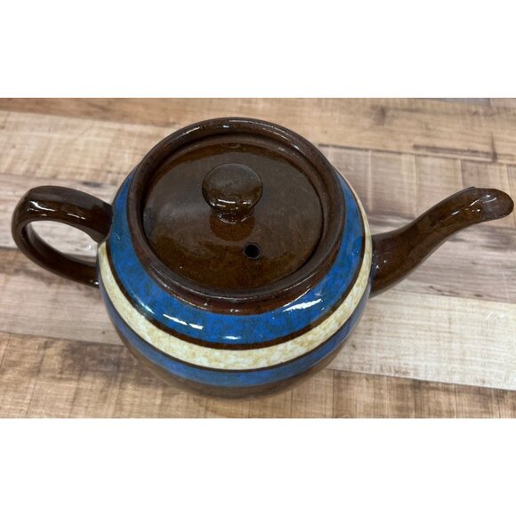 Sadler Made In England Brown Ceramic Teapot With Blue & Beige Stripes Vintage - Picture 3 of 6